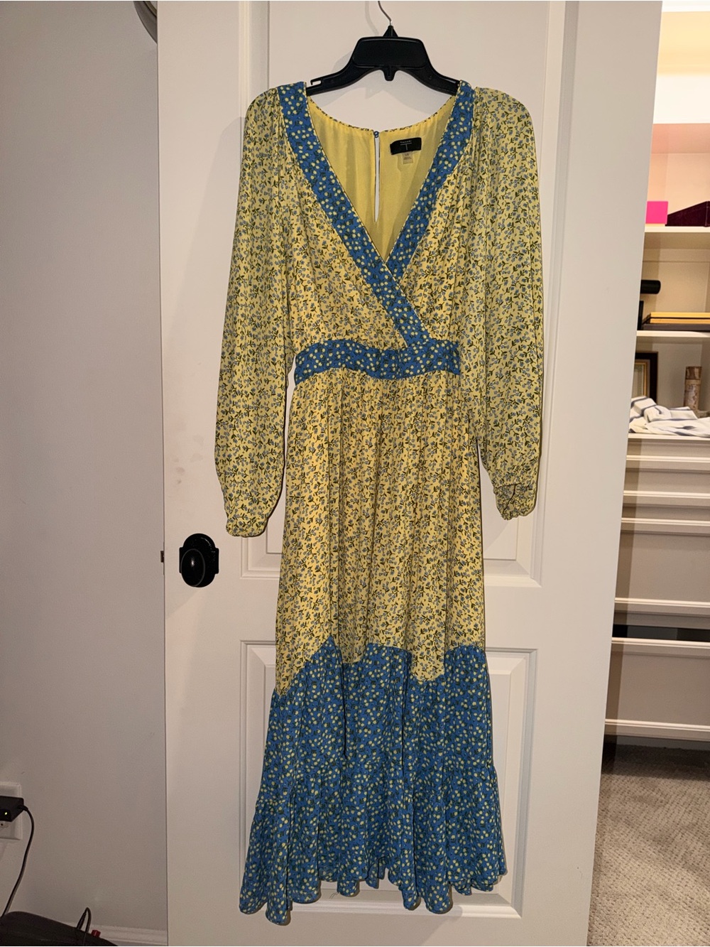 Tahari Yellow and Blue Floral Wrap Maxi Dress